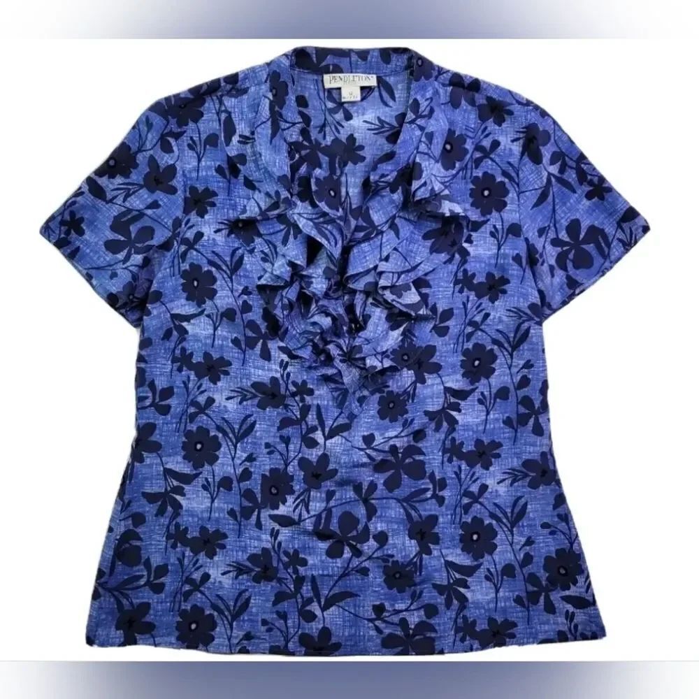 Pendleton 14 Blue Floral  100% SILK Ruffle V Neck Shrtslv Women's Blouse